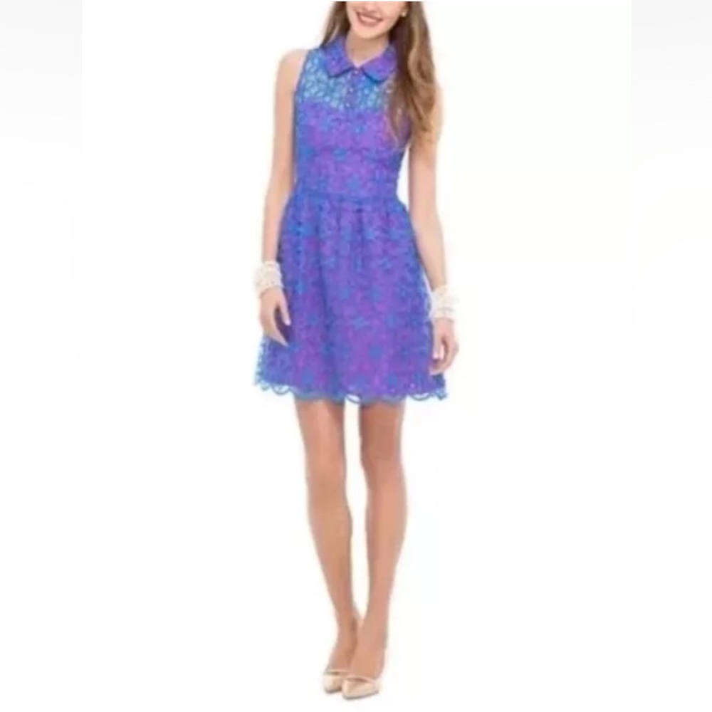 Lilly Pulitzer Pemberton Dress Sz 2 Royce Blue Daisy Floral Eyelet Retro Twee - Picture 3 of 14